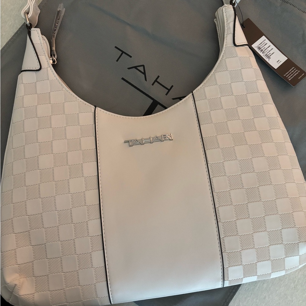 Tahari White Shoulder Bag with Elegant Checkered Design